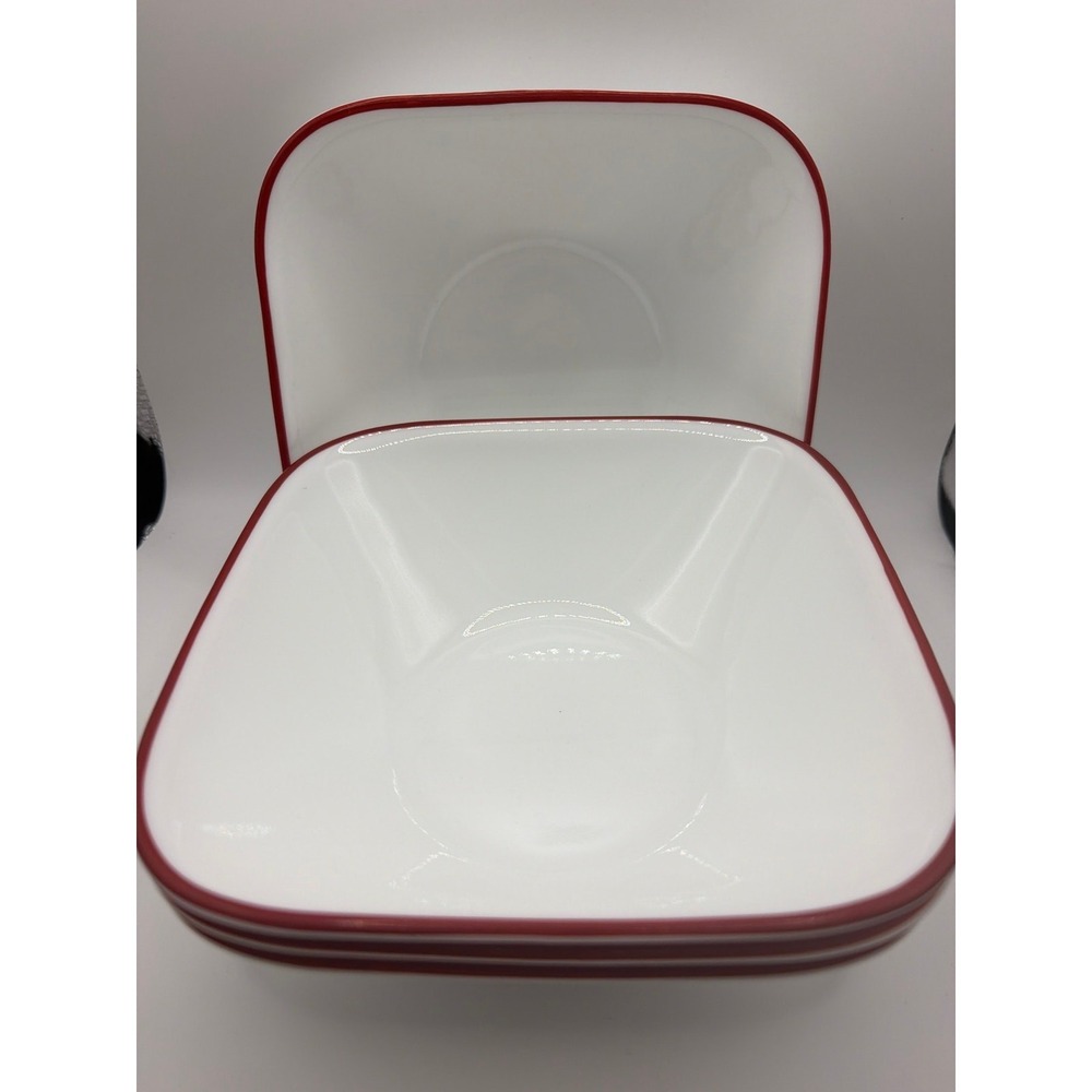 4 CORELLE SQUARE CEREAL BOWLS VITRELLE SPLENDOR RED RIM WHITE BOWL 6.5 IN.